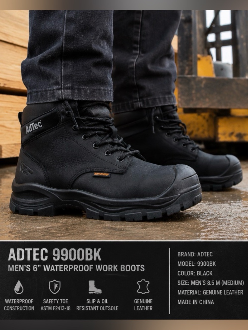 ADT Men's Black Waterproof Work Boots with Rugged Outsole